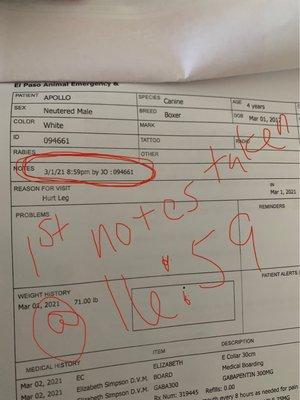 The documents of my pets arrival time and how long it actually took them to give him any type of relief.  This is document 1