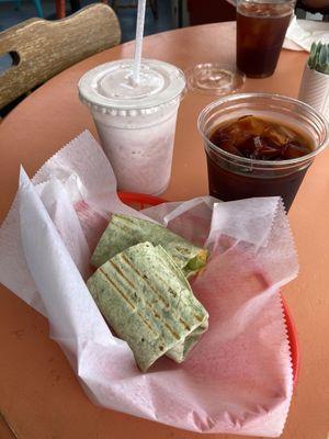 Strawberry smoothie, ice coffee, spinach wrap with egg/cheese/avocado