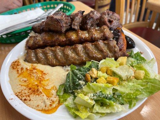 Lamb Kebab & Beef Lule $19.99. Served with salad and hummus. Huge!