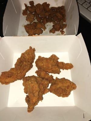 These are the chicken tenders. Much smaller than pictured on the menu images, but tons of fried crisps if you enjoy those.