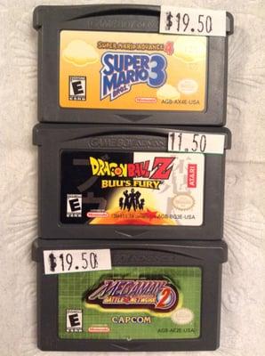 Three used GBA games: Super Mario Bros. 3 ($19.50), Dragon Ball Z: Buu's Fury ($11.50), and MegaMan Battle Network 2 ($19.50)