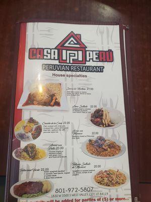 Casa Perú, menu