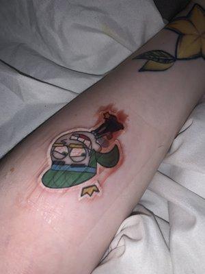 Cosmo from fairly odd parents sticker tattoo. Will be posting and updated healed photo.