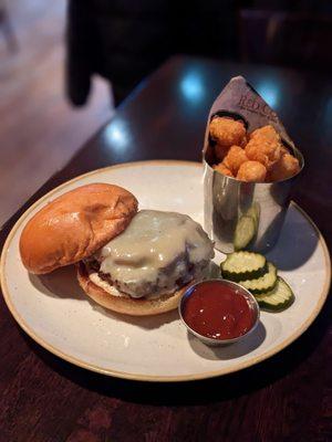 Mushroom and swiss burger with tots