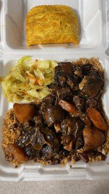 Oxtails, peas/rice, cabbage and beef patty