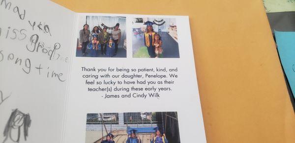 Thank you note form the Wilk family. Penny attended PEM since she was 18 months and graduated 2024.