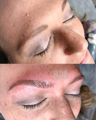 Top: Jill's eyebrows with makeup. Bottom: After microblading at Blade Brow Studio.