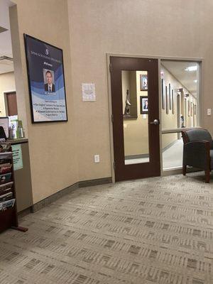 The view from the lobby to the doorway into the patient treatment area.