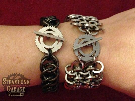 Gear and toggle bar on bracelets I made.