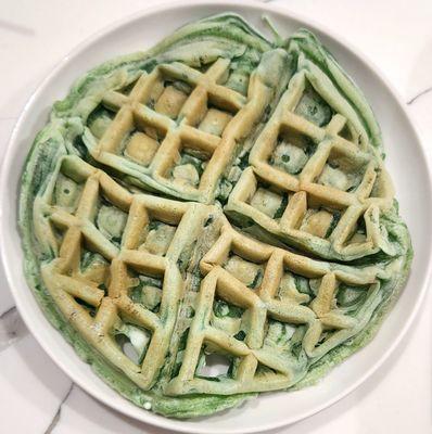 Pandan waffle, $7. Gummy & inedible. It went into the garbage. It's sold by the vendor that sells garlic fried chicken & shrimp balls.