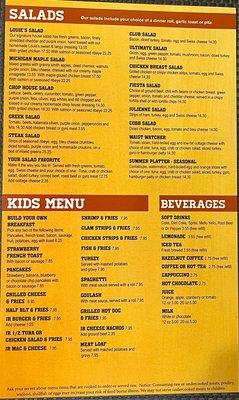 Salads, Kids' Menu, and Beverages