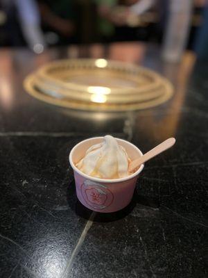 Vanilla soft serve with soy sauce caramel