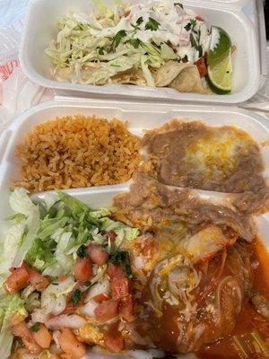 Chile rellano tomorrow combo plate with fish, taco, beans and rice.