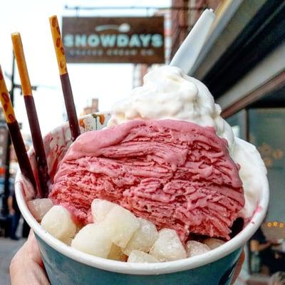 Red velvet w/mochi, whipped cream, pocky