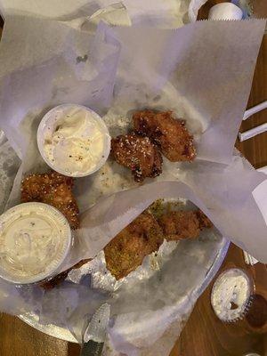 Lemon pepper and garlic Parmesan  boneless wings with blue cheese sauce.