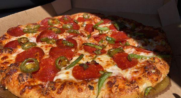 Medium 2-topping hand tossed pizza (pepperoni, 1/2 jalapeños, 1/2 green peppers)