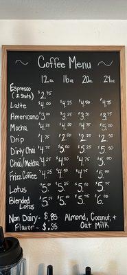 Coffee menu