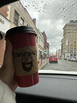 Stonewall Mocha in front of stonewall Jackson's birthplace. Oddly now a bankruptcy court.