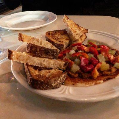 Baked Provolone, spicy romesco, pickled green tomato, sweet peppers and sourdough