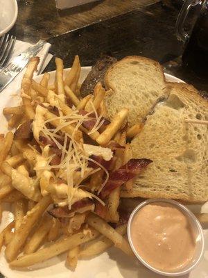 Steak Sandwich and Bacon Siracha Fries