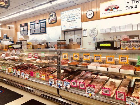 Produce Barn meat case. Individual steaks and whole sale meats available. Best meats around, good prices!