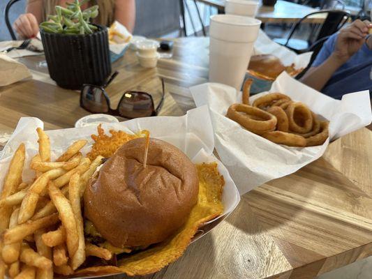 Burger, fries and onion rings.