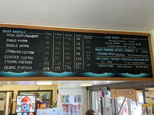 Boat rental menu