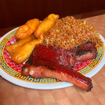 Combo plate with ribs, fingers (and shrimp & lobster sauce on a separate plate)