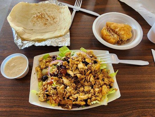 Greek salad with chicken & baklava