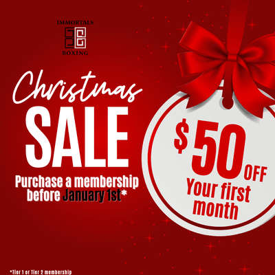 Purchase a Tier 1 or Tier 2 membership before January 1st and get $50 off your first month! Download the Immortals Boxing app Code:Newyear50