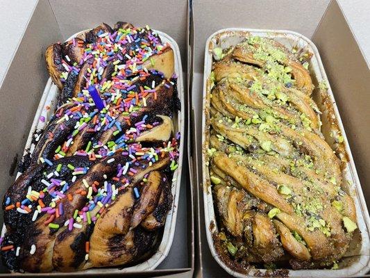 vegan birthday (hot chocolate) babka & vegan pistachio cardamom babka