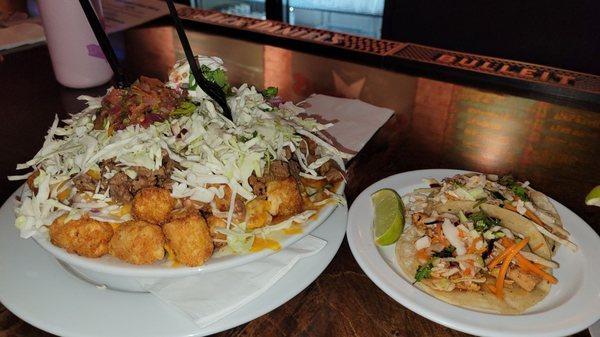 Super tots with asada and chicken thai tacos