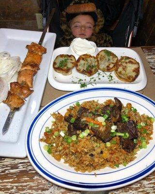 Chicken Kebab ($8), Pan Fried Manti ($12), Uzbek Plov ($14)