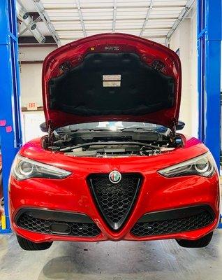 2021 Alfa Romeo Stelvio (named after the Stelvio pass in Italy) in for maintenance.