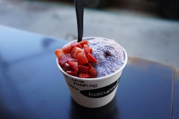 One Scoop açaí bowl. Strawberry and Chia Pudding topping.