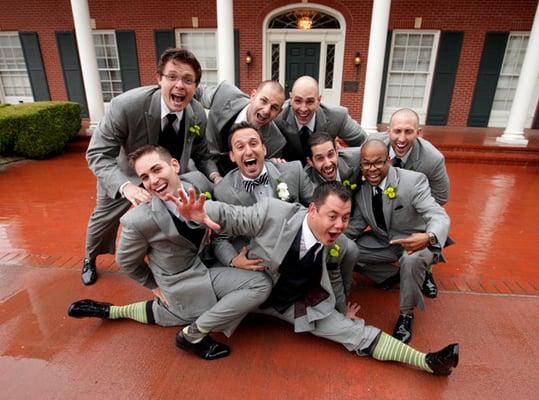 The Bowman-Maxon wedding. The groom (in the white rose boutineer) and groomsmen sporting our green button mum boutineers.