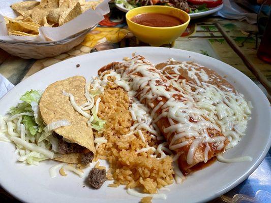 Taco,rice,burrito and beans.