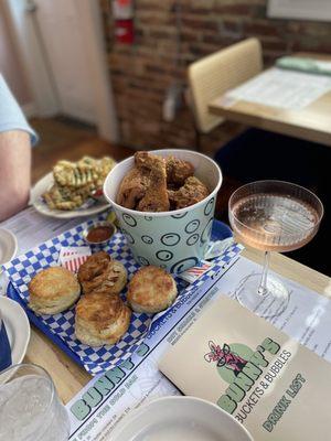 Chicken bucket, biscuits, pickles and rose