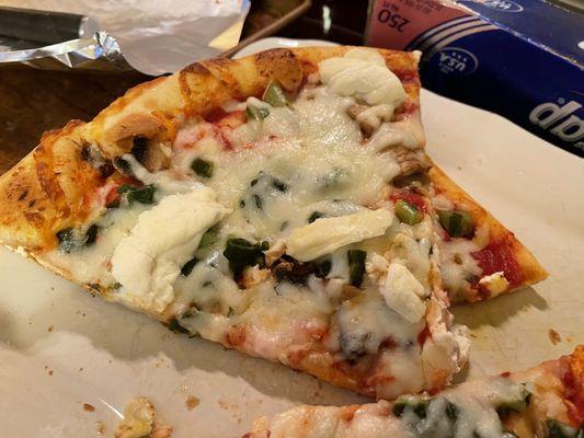 Spinach mushroom Pizza. Forgot the shrooms added celery. Odd. Cheese isn't melting it's chunky and very odd.