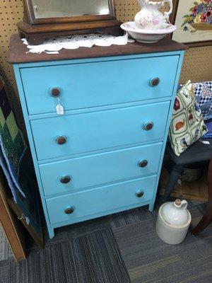 Booth R5 - turquoise painted dresser with natural finished top $125