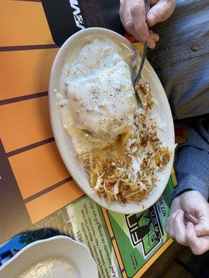 Biscuits Benedict biscuits and gravy with eggs meat and hash browns. If you aren't drooling, you should be.