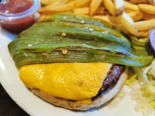 Garcia's Cheeseburger with added green chili~