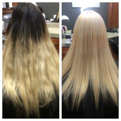 Before and after. Thank you Daisy for coming in!! Olaplex Bond strengthening keeps the hair healthy and beautiful.