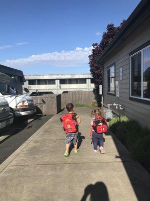 We call it "school" in our family so the kid's want to bring their backpack like the big kids