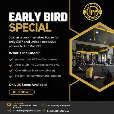 Early Bird Special! 
Join Lift Pro Fitness 2.0 Today

Unlock Exclusive Access as a New Member! Only 25 Spots Left!