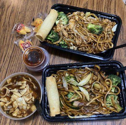 Photo taken on March 10th, 2023, top dish Chicken Lo Mein, bottom Vegetable Lo Mein, spring rolls, and a hot & sour soup.