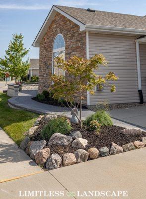 Accent Boulder, japanese maple tree, paver pathway and front yard patio.