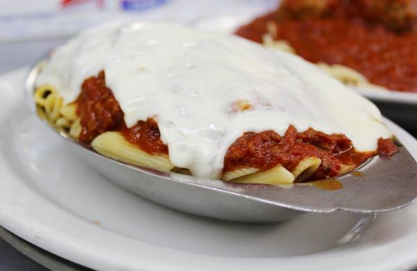 Baked Ziti with meat sauce out of the oven.