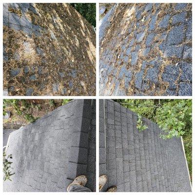 Before and After. Power wash roof cleaning, moss removal, gutter cleaning. Ashland, Or