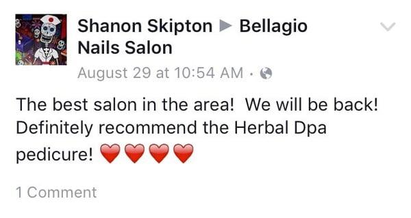 Reviews/comments on the Facebook page from previous customers about their experience at Bellagio Nails & Salon!